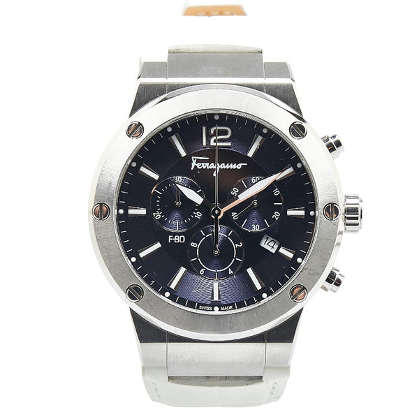 サルヴァトーレフェラガモ F-80 型押し 腕時計 クオーツ ネイビー文字盤 ステンレススチール レザー メンズ Salvatore Ferragamo 【中古】