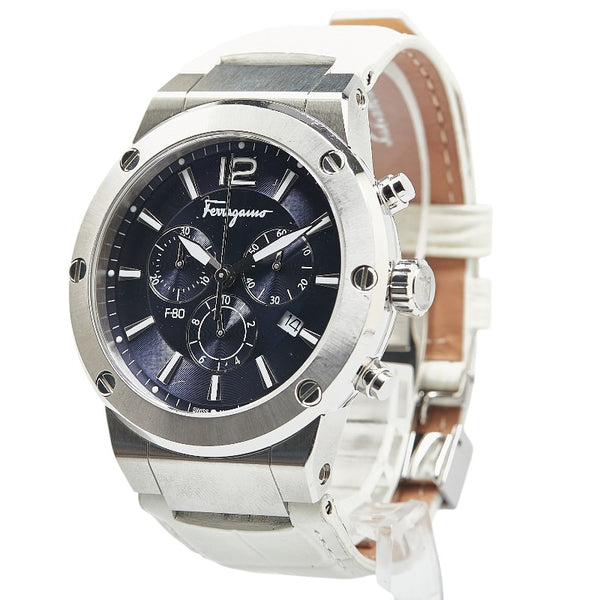 サルヴァトーレフェラガモ F-80 型押し 腕時計 クオーツ ネイビー文字盤 ステンレススチール レザー メンズ Salvatore Ferragamo 【中古】