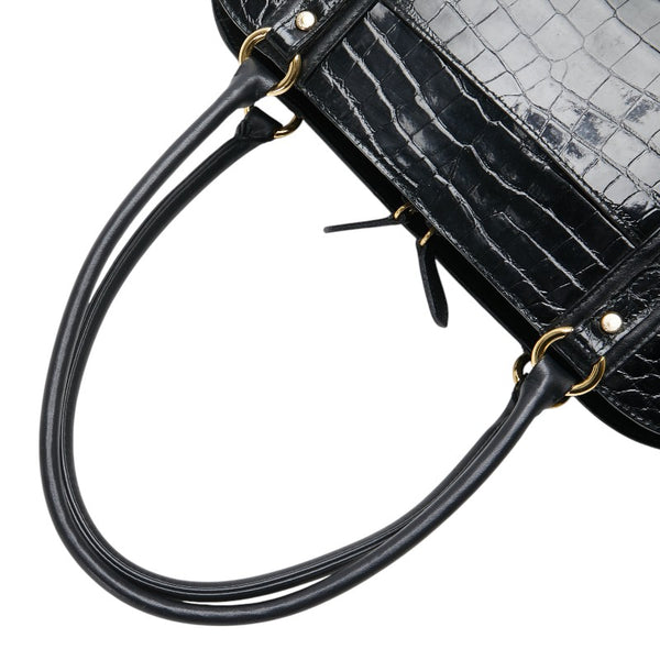 ハマノ クロコ型押し ハンドバッグ ブラック レザー レディース HAMANO 【中古】