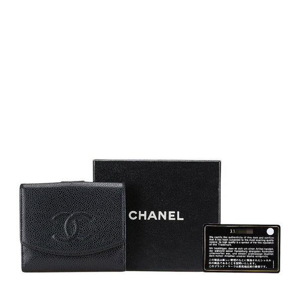 シャネル ココマーク 三つ折り財布 コンパクトウォレット ブラック キャビアスキン レディース CHANEL 【中古】