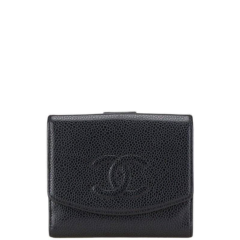 シャネル ココマーク 三つ折り財布 コンパクトウォレット ブラック キャビアスキン レディース CHANEL 【中古】