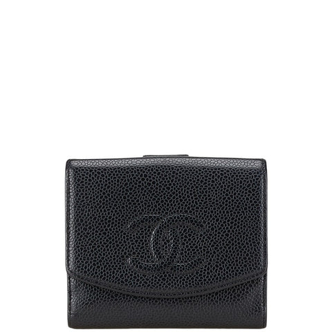 シャネル ココマーク 三つ折り財布 コンパクトウォレット ブラック キャビアスキン レディース CHANEL 【中古】