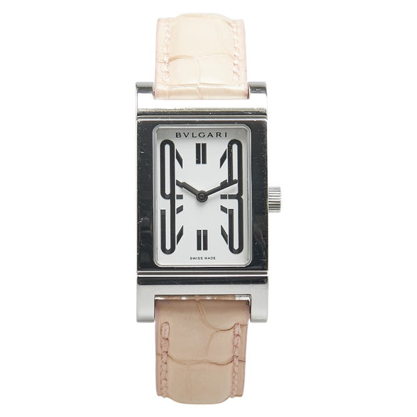 ブルガリ レッタンゴロ 型押し 腕時計 RT39S クオーツ ホワイト文字盤 ステンレススチール レザー レディース BVLGARI 【中古】
