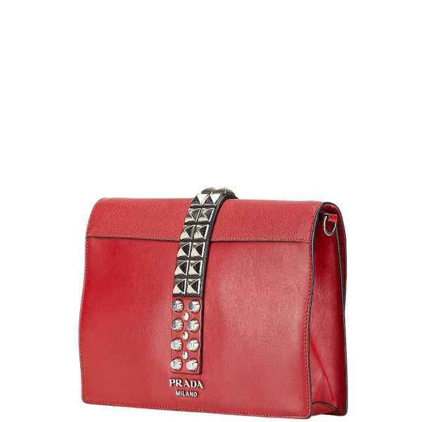 プラダ エレクトラ スタッズ 斜め掛け ショルダーバッグ  レッド レザー サフィアーノ レディース PRADA 【中古】