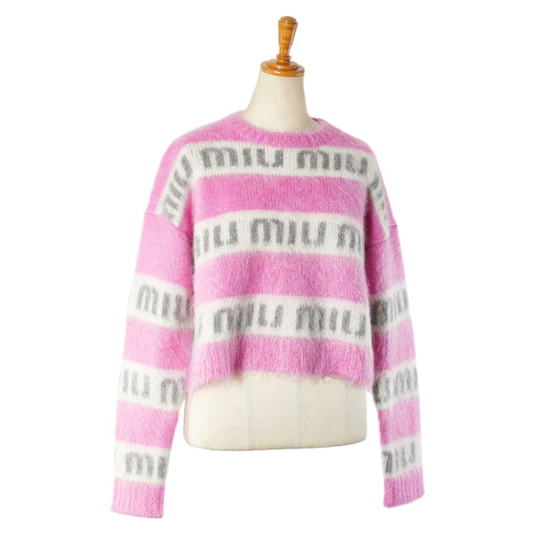 ミュウミュウ モヘヤ ロゴ ニット サイズ：36 MML482 ピンク ホワイト モヘヤ レディース MIUMIU 【中古】