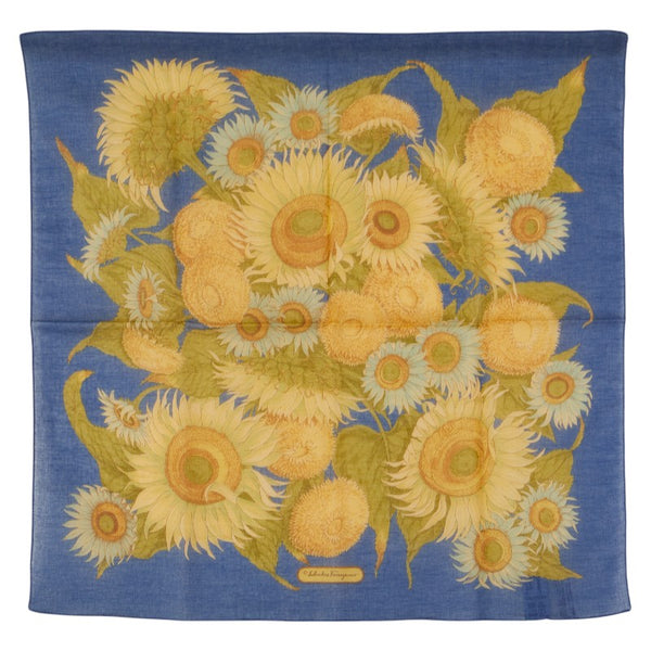 サルヴァトーレフェラガモ ひまわり モチーフ スカーフ ブルー イエロー コットン レディース Salvatore Ferragamo 【中古】