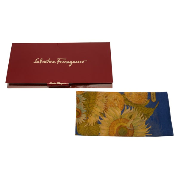 サルヴァトーレフェラガモ ひまわり モチーフ スカーフ ブルー イエロー コットン レディース Salvatore Ferragamo 【中古】