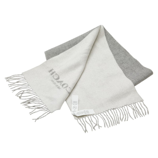 コーチ ロゴ マフラー グレー ホワイト ウール カシミヤ レディース COACH 【中古】