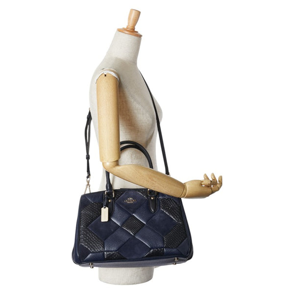 コーチ パッチワーク キャリーオール  ハンドバッグ ショルダーバッグ 2WAY ネイビー ブラック レザー レディース COACH 【中古】