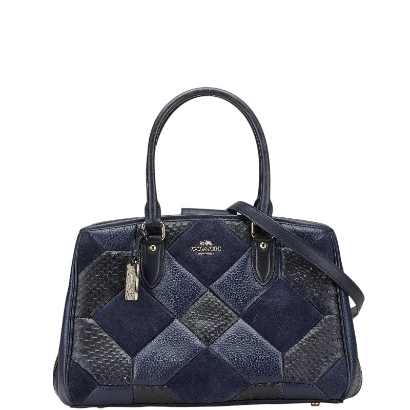 コーチ パッチワーク キャリーオール  ハンドバッグ ショルダーバッグ 2WAY ネイビー ブラック レザー レディース COACH 【中古】