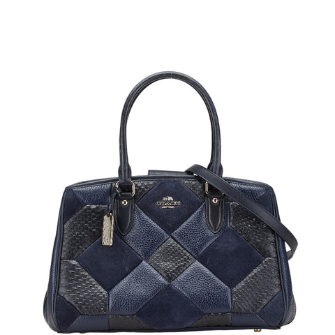 コーチ パッチワーク キャリーオール  ハンドバッグ ショルダーバッグ 2WAY ネイビー ブラック レザー レディース COACH 【中古】