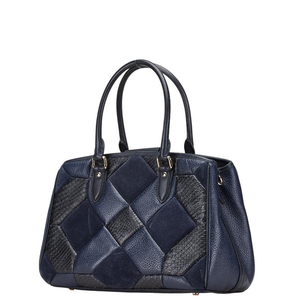 コーチ パッチワーク キャリーオール  ハンドバッグ ショルダーバッグ 2WAY ネイビー ブラック レザー レディース COACH 【中古】