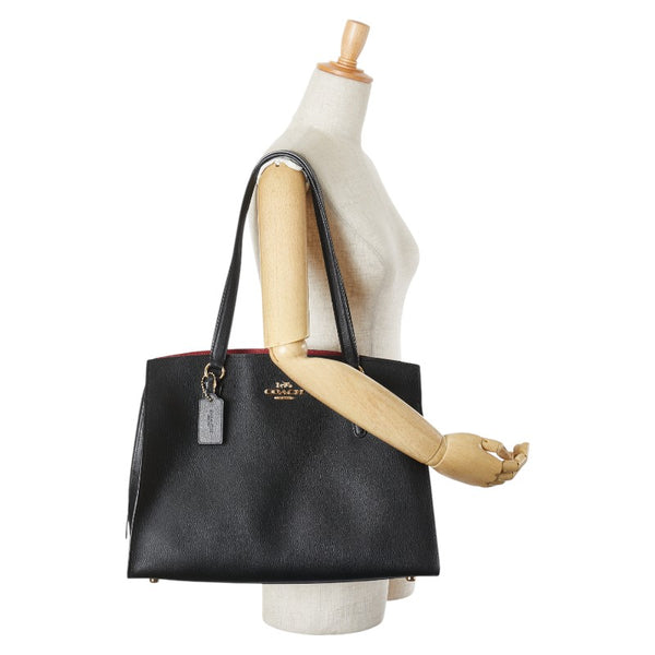 コーチ テイタム キャリーオール 40 ハンドバッグ トートバッグ C4077 ブラック トゥルーレッド レザー レディース COACH 【中古】