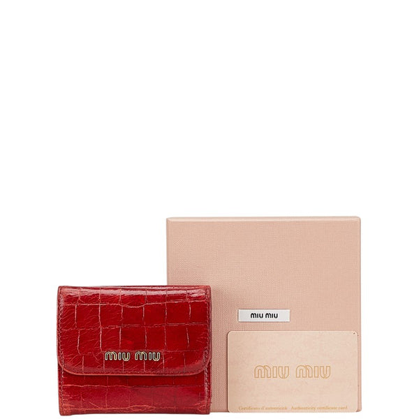 ミュウミュウ クロコ型押し 三つ折り財布 レッド レザー レディース MIUMIU 【中古】