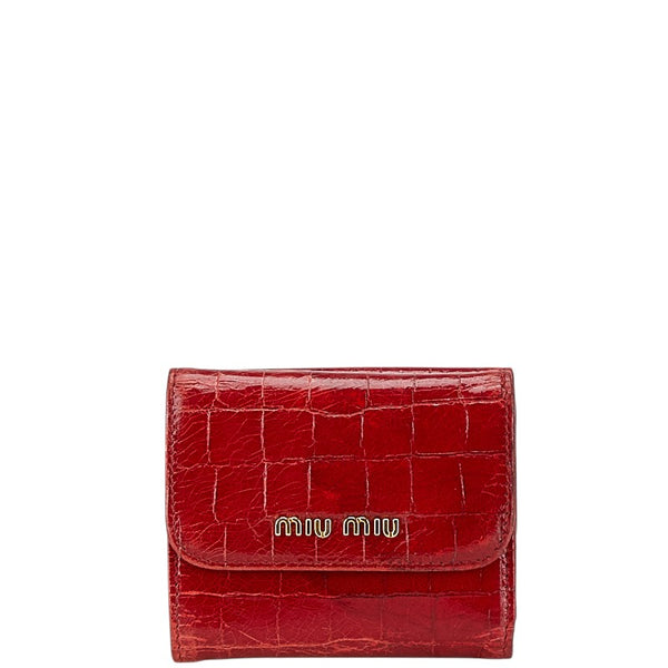 ミュウミュウ クロコ型押し 三つ折り財布 レッド レザー レディース MIUMIU 【中古】