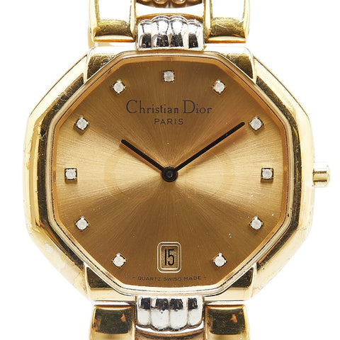 クリスチャンディオール デポーズ オクタゴン 腕時計 45.134 クオーツ ゴールド文字盤 ステンレススチール レディース Christian Dior 【中古】
