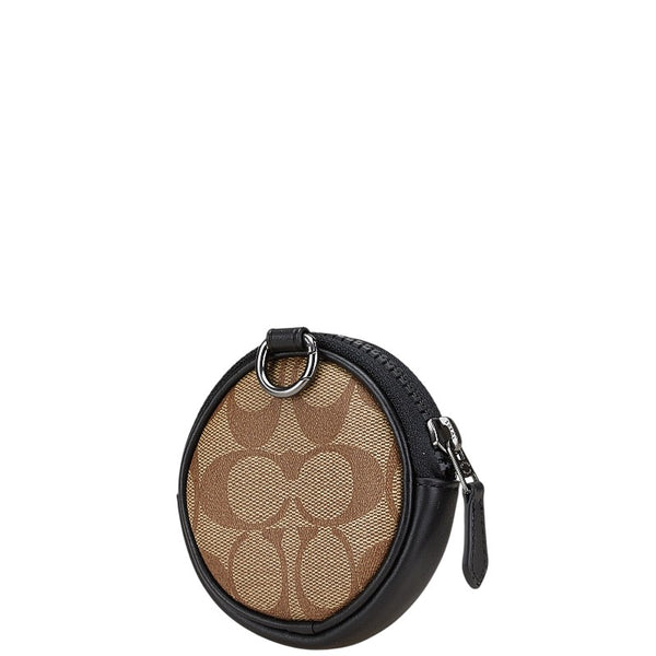 コーチ シグネチャー ラウンド型 コインケース ポーチ ブラウン ブラック PVC レザー レディース COACH 【中古】