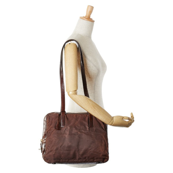 プラダ 三角ロゴプレート ハンドバッグ ショルダーバッグ ブラウン ナイロン レザー レディース PRADA 【中古】