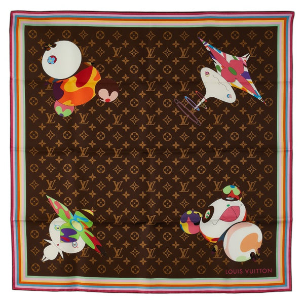 ルイ ヴィトン ×村上隆 カレ70 スーパーフラット スカーフ M96273 ブラウン マルチカラー シルク メンズ LOUIS VUITTON 【中古】