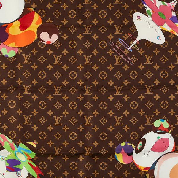 ルイ ヴィトン ×村上隆 カレ70 スーパーフラット スカーフ M96273 ブラウン マルチカラー シルク メンズ LOUIS VUITTON 【中古】
