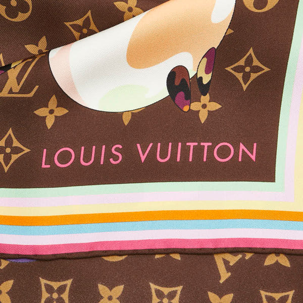 ルイ ヴィトン ×村上隆 カレ70 スーパーフラット スカーフ M96273 ブラウン マルチカラー シルク メンズ LOUIS VUITTON 【中古】