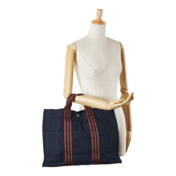 エルメス フールトゥMM ハンドバッグ トートバッグ ネイビー ブラウン キャンバス レディース HERMES 【中古】