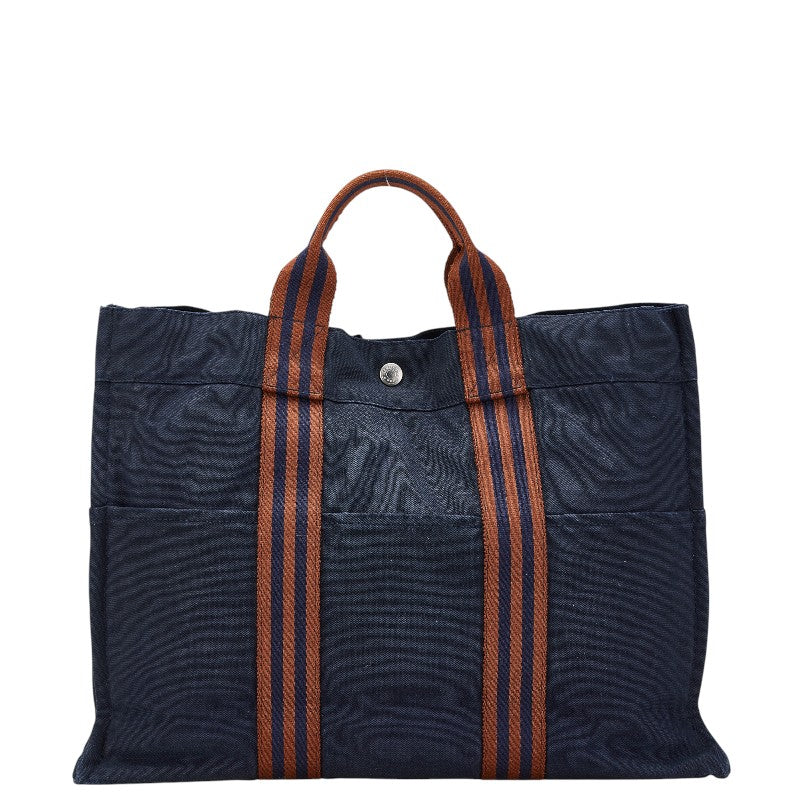 エルメス フールトゥMM ハンドバッグ トートバッグ ネイビー ブラウン キャンバス レディース HERMES 【中古】