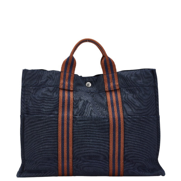 エルメス フールトゥMM ハンドバッグ トートバッグ ネイビー ブラウン キャンバス レディース HERMES 【中古】