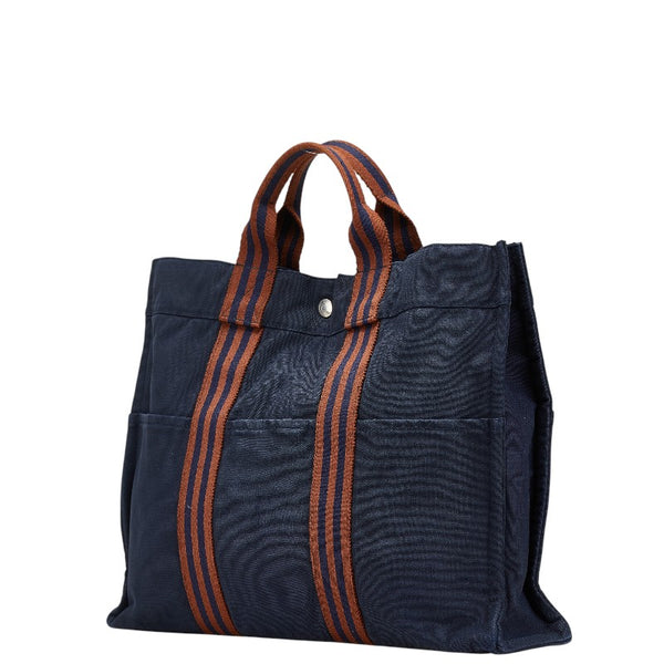 エルメス フールトゥMM ハンドバッグ トートバッグ ネイビー ブラウン キャンバス レディース HERMES 【中古】