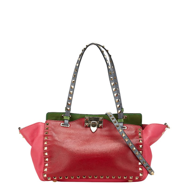 ヴァレンティノ ロックスタッズ ハンドバッグ ショルダーバッグ 2WAY ピンク レッド グリーン レザー レディース VALENTINO 【中古】