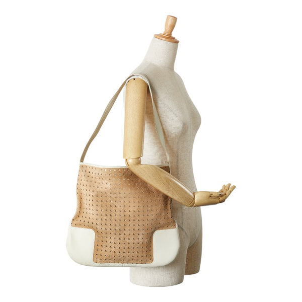 ロエベ アナグラム パンチング ワンショルダーバッグ ブラウン ホワイト レザー スエード レディース LOEWE 【中古】