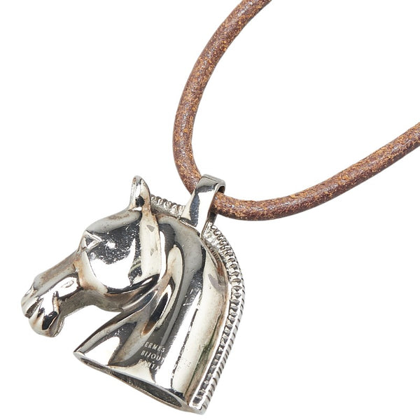 エルメス シュバル ホース 馬 ペンダントネックレス シルバー ブラウン メタル レザー レディース HERMES 【中古】