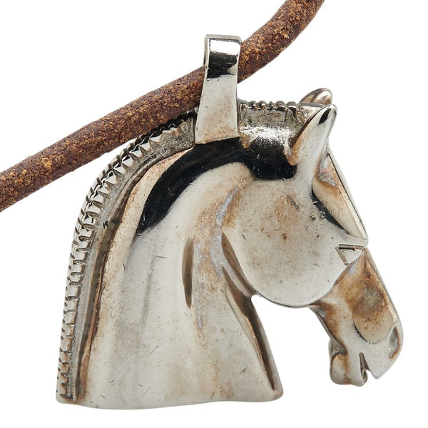 エルメス シュバル ホース 馬 ペンダントネックレス シルバー ブラウン メタル レザー レディース HERMES 【中古】