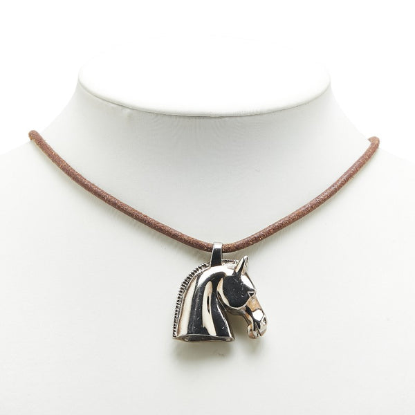エルメス シュバル ホース 馬 ペンダントネックレス シルバー ブラウン メタル レザー レディース HERMES 【中古】