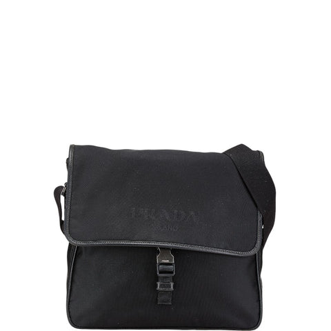 プラダ ロゴ ショルダーバッグ ブラック ナイロン レザー レディース PRADA 【中古】