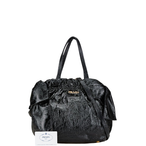 プラダ サイドリボン ハンドバッグ ショルダーバッグ 2WAY BN1760 ブラック エナメル レディース PRADA 【中古】