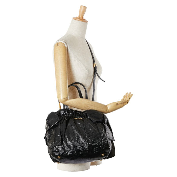 プラダ サイドリボン ハンドバッグ ショルダーバッグ 2WAY BN1760 ブラック エナメル レディース PRADA 【中古】