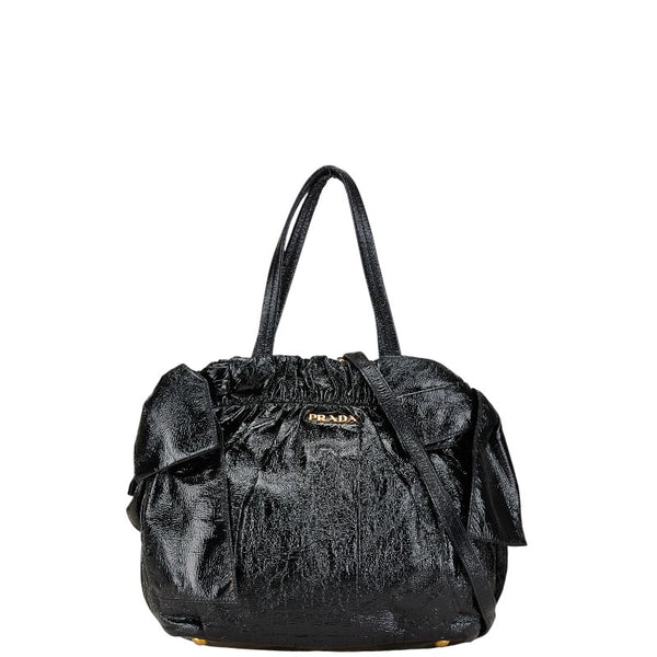 プラダ サイドリボン ハンドバッグ ショルダーバッグ 2WAY BN1760 ブラック エナメル レディース PRADA 【中古】