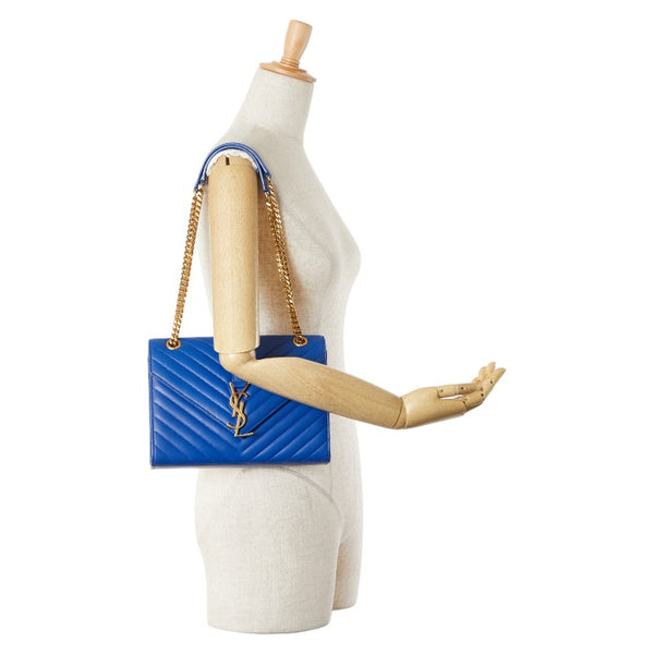 グッチ YSLロゴ キルティング チェーン ショルダーバッグ ブルー レザー レディース GUCCI 【中古】