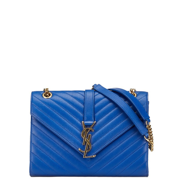 グッチ YSLロゴ キルティング チェーン ショルダーバッグ ブルー レザー レディース GUCCI 【中古】