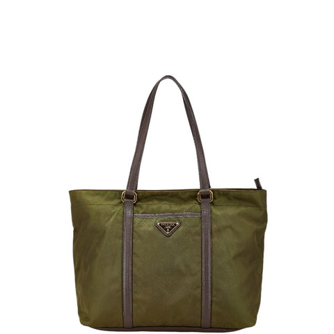 プラダ 三角ロゴプレート トートバッグ ショルダーバッグ カーキグリーン ブラウン ナイロン レザー レディース PRADA 【中古】