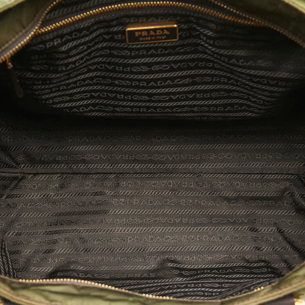 プラダ 三角ロゴプレート トートバッグ ショルダーバッグ カーキグリーン ブラウン ナイロン レザー レディース PRADA 【中古】