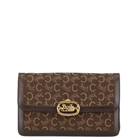 セリーヌ Cマカダム 馬車金具 クラッチバッグ ブラウン キャンバス レザー レディース CELINE 【中古】