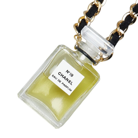 シャネル NO19 EAU DE PARFUM 香水瓶 ネックレス クリア ゴールド ブラック ガラス メッキ ベロア レディース CHANEL 【中古】