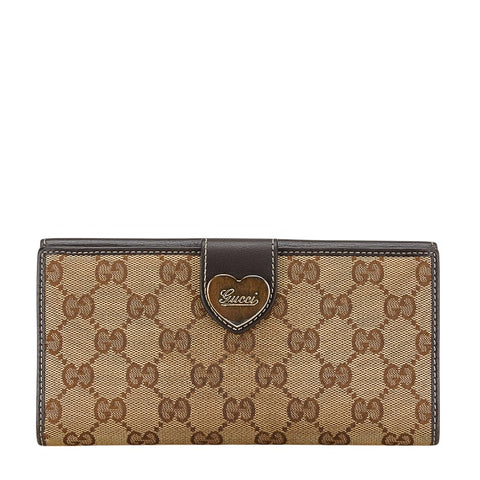 グッチ GGキャンバス ハート ロゴ 長財布 203550 ベージュ ブラウン キャンバス レザー レディース GUCCI 【中古】