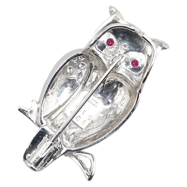 Pt900 プラチナ K18YG イエローゴールド コンビ ルビー0.19ct ダイヤ0.08ct フクロウ 梟 モチーフ ペンダント兼用ブローチ レディース 【中古】