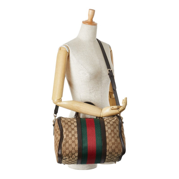 グッチ GGキャンバス シェリーライン ボストンバッグ ショルダーバッグ 2WAY 247205 ブラウン キャンバス レザー レディース GUCCI 【中古】