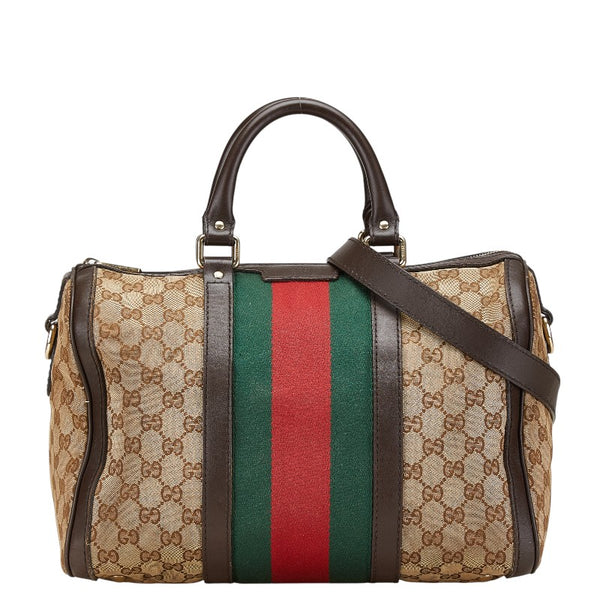 グッチ GGキャンバス シェリーライン ボストンバッグ ショルダーバッグ 2WAY 247205 ブラウン キャンバス レザー レディース GUCCI 【中古】