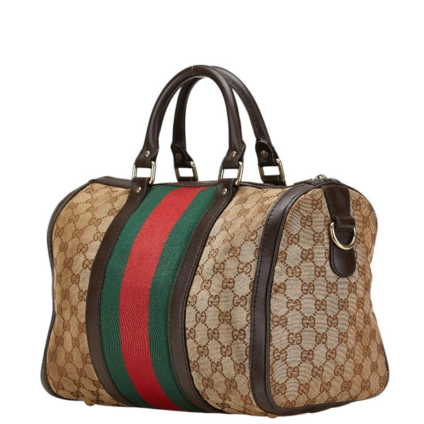 グッチ GGキャンバス シェリーライン ボストンバッグ ショルダーバッグ 2WAY 247205 ブラウン キャンバス レザー レディース GUCCI 【中古】