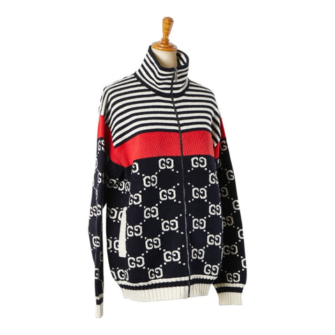 グッチ GG ボーダー ニット ジップアップジャケット サイズ:XS 545701 ブラック ホワイト レッド コットン メンズ GUCCI 【中古】